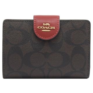 【COACH】金屬LOGO滿版C印花拼接扣式零錢中夾(深咖/紅)