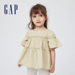 【GAP】女幼童 可愛分層式短袖襯衫(857035-卡其色)