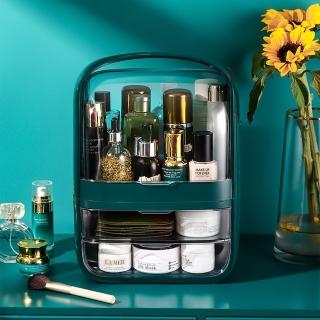 【In Da House】潘朵拉墨綠色桌上型防塵手提化妝品收納箱(時尚 網美風)