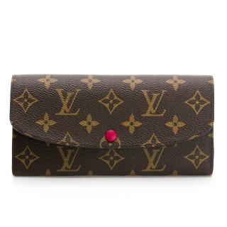 【Louis Vuitton 路易威登】老花翻蓋桃紅釦翻蓋式長夾(內桃紅)