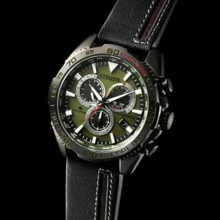 【CITIZEN 星辰】PROMASTER 光動電波對時三眼計時腕錶-綠 黑錶帶44.6mm(CB5037-17X 通路限定)