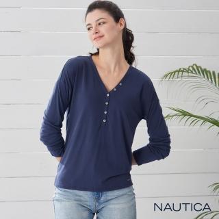 【NAUTICA】女裝莫代爾V型開釦長袖T恤(深藍)
