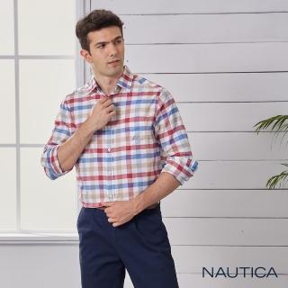 【NAUTICA】男裝休閒撞色格紋長袖襯衫(紅白)