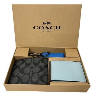 【COACH】C LOGO男款8卡短夾附鑰匙圈活動證件夾禮盒(黑灰/天藍)