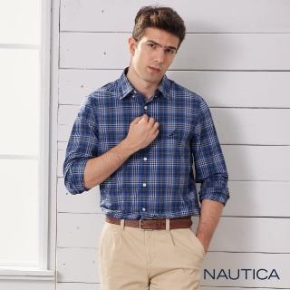 【NAUTICA】男裝快乾透氣紳士休閒格紋長袖襯衫(藍)