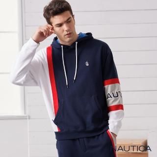 【NAUTICA】男裝拼接品牌LOGO潮流長袖帽TEE(海軍藍)