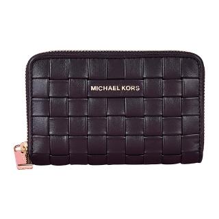 【Michael Kors】MK MICHAEL KORS JET SET金字LOGO編織設計牛皮4卡拉鍊零錢包(黑)