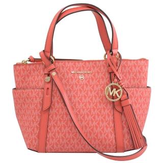 【Michael Kors】滿版ＭＫ印花流蘇吊飾雙口手提二用包托特包(橘紅)