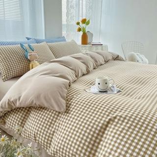 【Jun Jun】純棉加大日式格紋床笠床包被套雙人4件套(3色格紋)