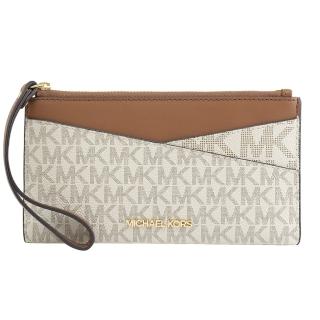 【Michael Kors】經典MK印花拼接手提包手拿包簡易長夾(白咖)