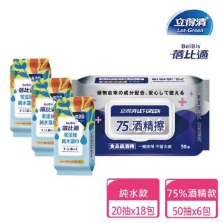 【立得清&蓓比適】75%酒精擦濕巾50抽x6包+蓓比適手口臉純水濕巾20抽3入x6組(酒精濕巾 濕紙巾)