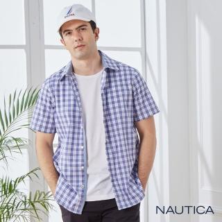 【NAUTICA】男裝吸濕排汗經典質感格紋短袖襯衫(紫色)