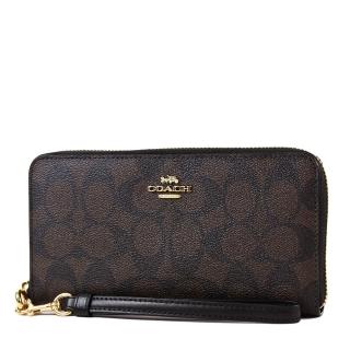 【COACH】緹花LOGO防刮皮革手掛式拉鍊長夾-咖啡色