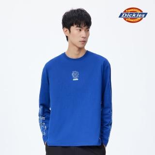 【Dickies】男款寶石藍純棉胸前印花長袖T恤｜DK010998SOB