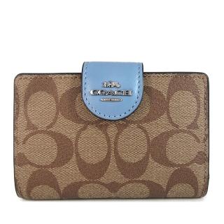 【COACH】立體馬車LOGO滿版防刮對開中夾(卡其x藍色)