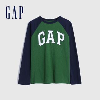 【GAP】男童 Logo純棉插肩袖長袖T恤(881362-綠色)
