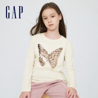【GAP】女童 純棉雙面亮片長袖T恤(432054-米色)