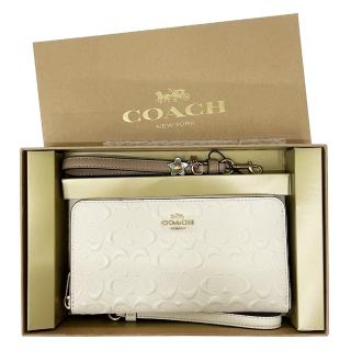 【COACH】浮雕C LOGO雙手掛吊飾長夾禮盒(米白)