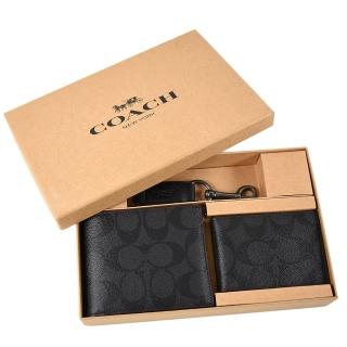 【COACH】男款 緹花LOGO防刮皮革短夾/證件夾/鑰匙圈禮盒組-灰黑色