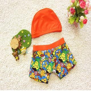 【時尚Baby】兒童泳裝男童泳褲泳帽兩件式橘色猴子泳裝組(男童泳衣兩件式含泳褲和泳帽套裝)