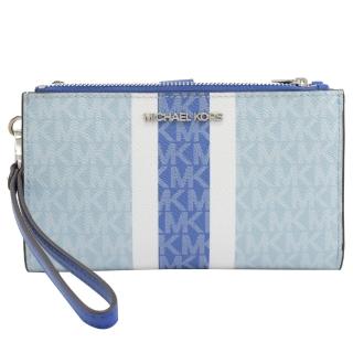 【Michael Kors】新版條紋MK LOGO印花手提式雙拉鍊手機長夾(藍白)