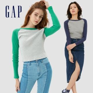 【GAP】女裝 女友T系列 純棉羅紋針織緊身短版長袖T恤(450802-灰色)