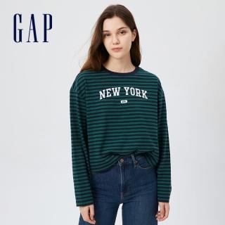 【GAP】女裝 厚磅密織 水洗棉系列 Logo長袖T恤(445769-藍綠條紋)