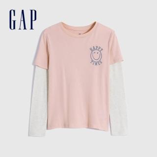 【GAP】女童 純棉假兩件撞色長袖T恤(432128-粉色)