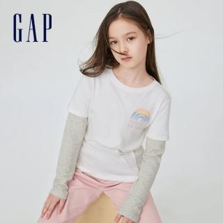 【GAP】女童 純棉假兩件撞色長袖T恤(432128-白色)