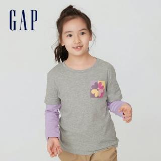 【GAP】女童 純棉假兩件撞色長袖T恤(432128-灰色)