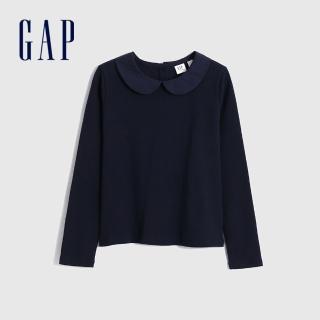 【GAP】女童 娃娃領羅紋針織長袖T恤(426770-藏藍色)