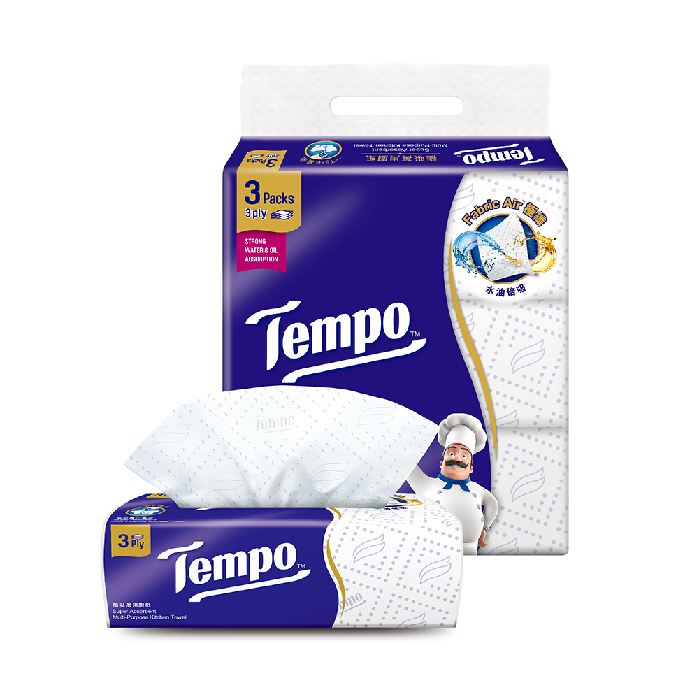 【TEMPO】極吸萬用3層抽取廚房紙巾袋裝(60抽/3包入/1串)
