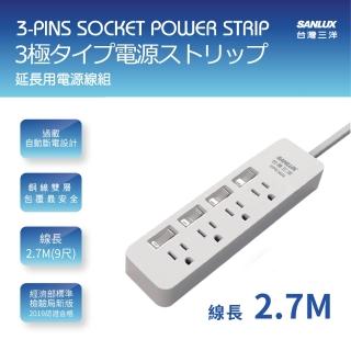 【SANLUX 台灣三洋】轉接延長電源線 3孔4座4切插座2.7M(SYPW-344BA)