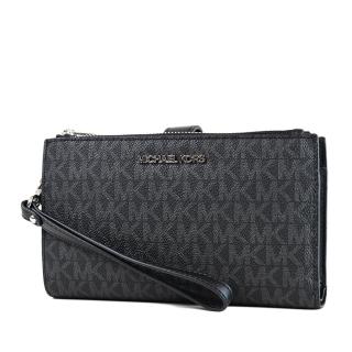 【Michael Kors】緹花LOGO防刮皮革對折釦式手掛手拿/手機包-黑色