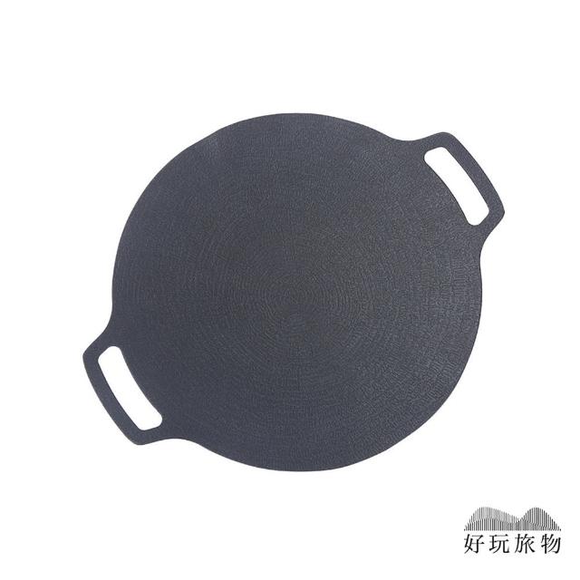【好玩旅物】38cm_輕量薄型韓式麥飯石圓形雙耳不沾鍋露營燒烤盤(附收納袋｜瓦斯電磁爐通用 無煙煎炒燒烤肉)