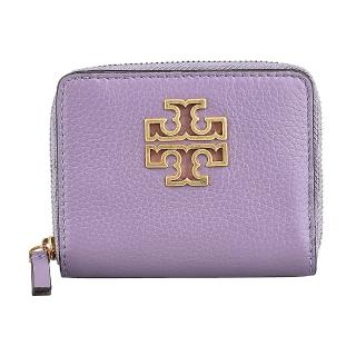 【TORY BURCH】TORY BURCH Britten 金屬大雙T LOGO荔枝紋皮革壓釦式拉鍊短夾(淺紫)