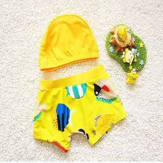 【時尚Baby】兒童泳衣男童泳裝兩件式黃色熱帶魚泳褲含泳帽(男童可愛泳衣兩件式含泳褲和泳帽)
