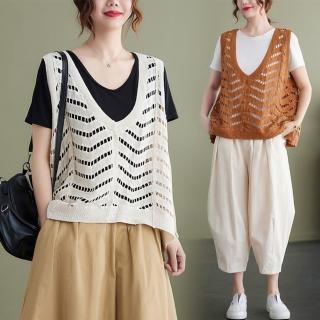 【漂亮小媽咪】春夏條紋針織V領無袖背心鏤空短款馬甲背心外套實拍文藝
