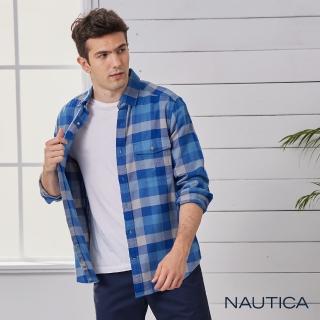 【NAUTICA】男裝經典舒適格紋長袖襯衫(藍色)