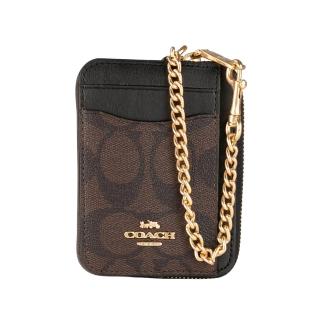 【COACH】PVC LOGO方型卡夾拉鍊鍊帶零錢包(咖啡黑)