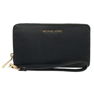 【Michael Kors】專櫃款金字防刮粗橫紋皮革手掛手機長夾禮盒(黑色)