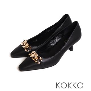 【KOKKO 集團】手感綿羊皮精品鎖鏈方頭細跟鞋(黑色)