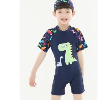 【橘魔法】恐龍短袖連身泳衣 沖浪服(防曬泳衣 （附泳帽）現貨 游泳衣 泳裝 兒童)