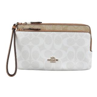 【COACH】經典金字LOGO雙拉鍊拼色大型手拿包(粉白x棕)
