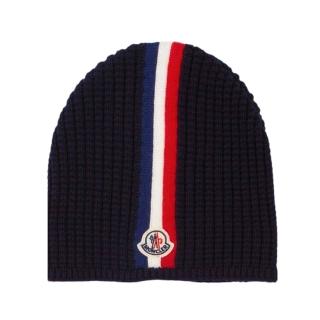 【MONCLER】童裝 品牌LOGO 藍白紅色條紋深藍色毛帽(S號)