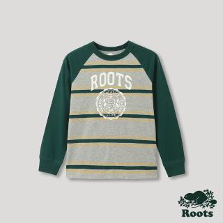 【Roots】Roots大童-運動派對系列 學院風LOGO條紋長袖T恤(灰色)