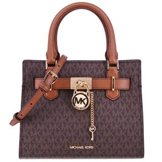 【Michael Kors】HAMILTON系列 貴婦風 金字LOGO 牛皮皮革 肩背/手提/斜背 肩背包 貴婦包 鎖頭包(老花咖)