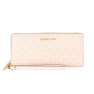 【Michael Kors】滿版LOGO 金字多卡拉鍊手拿長夾(芭蕾粉)