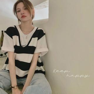 【漂亮小媽咪】夏日針織條紋V領無袖背心寬鬆短款馬甲背心外套實拍韓系