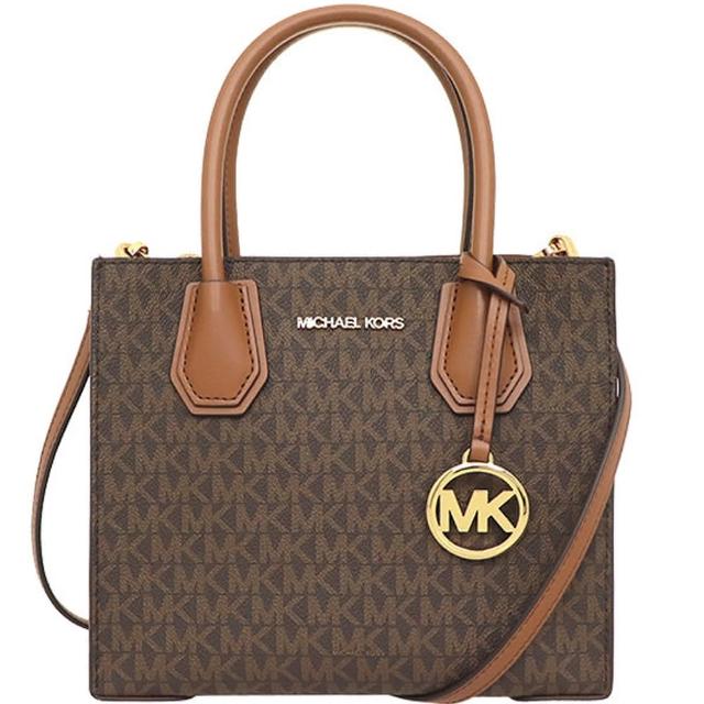 【Michael Kors】MERCER 皮革/PVC滿版LOGO三層中款手提斜背包(3色)